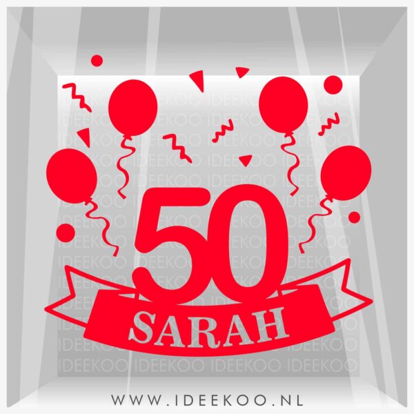 Raamsticker sarah, jubileum 50 jaar, herbuirkbare sticker sarah, jubileum sticker, jubileum sticker sarah
